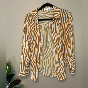 Chico's Brown and White Striped Button-Down Shirt